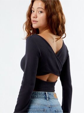 Roxy Good Keepsake LS ribbed snatched crop Top dark gray cut out back XS NWT